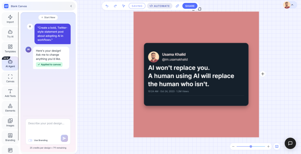 Contentdrips: AI Design Agent generates a tweet style post.