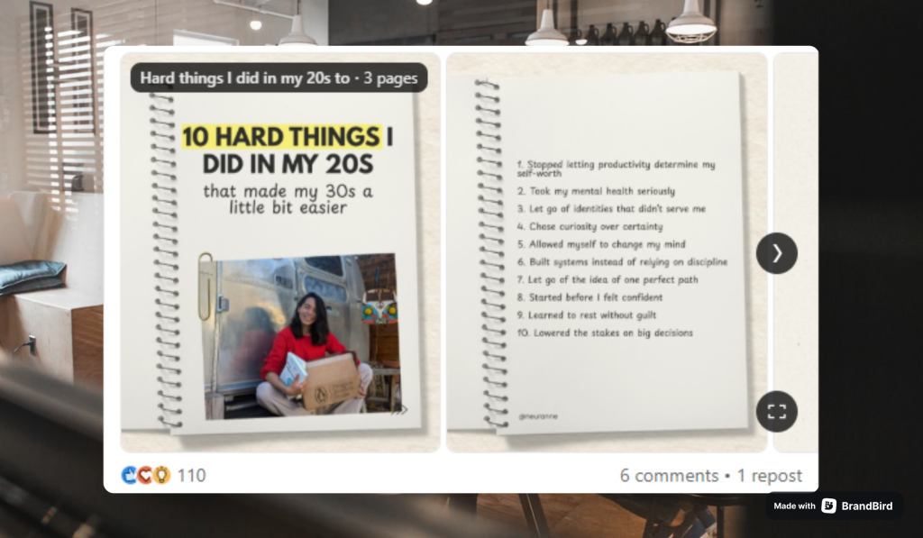 Contentdrips: A number, a timeframe, and a clear payoff: "10 hard things I did in my 20s that made my 30s a little bit easier." The reader knows exactly what they're committing to before they swipe.