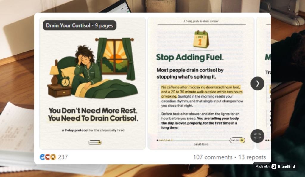 Contentdrips: "You don't need more rest. You need to drain cortisol." Telling chronically tired people they've been fixing the wrong thing — 107 comments suggest it hit a nerve.