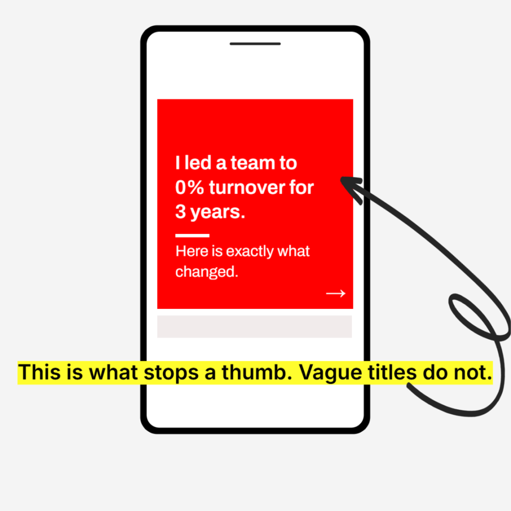 Mockup of a strong LinkedIn carousel cover slide on a phone screen, showing a specific bold headline designed to earn a swipe. Created with Contentdrips Design Agent.