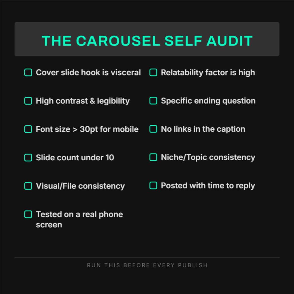 Two column checklist card titled The Carousel Self Audit, listing eleven design and distribution checks for diagnosing low LinkedIn carousel reach. Created with Contentdrips Design Agent.