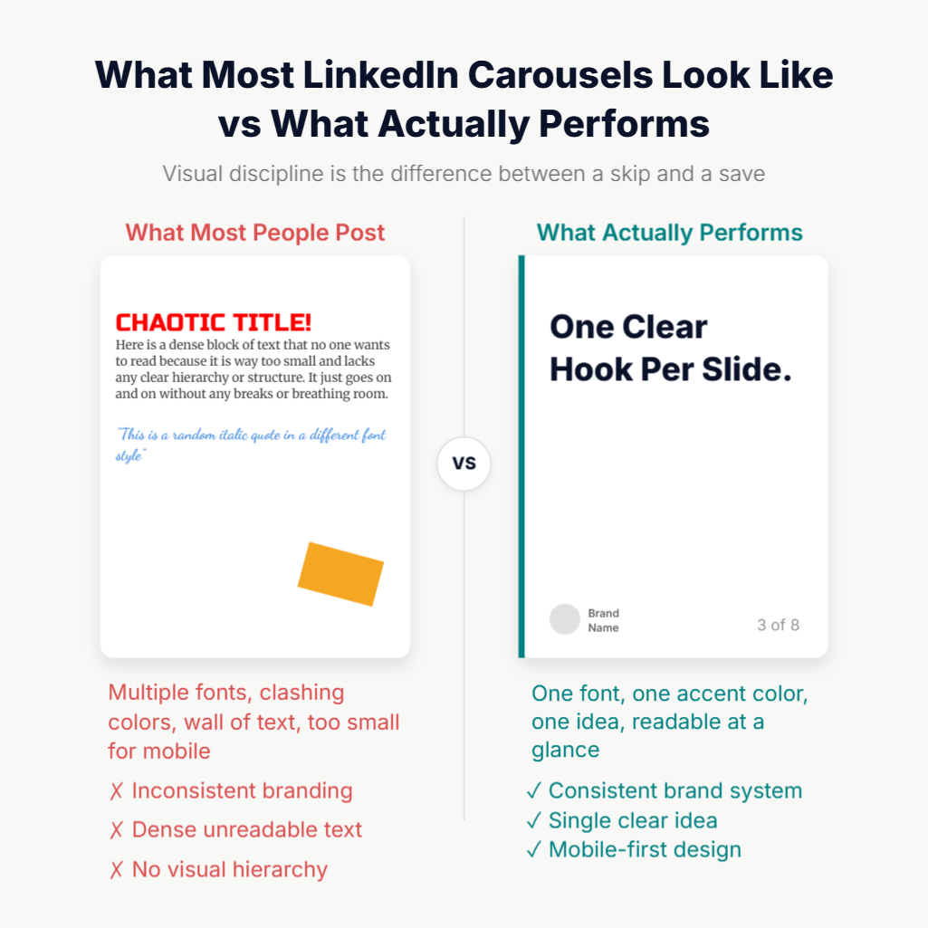 Side-by-side comparison of a poorly designed LinkedIn carousel slide with cluttered text and mixed colours versus a clean, high-performing slide with bold type, a single accent colour, and clear visual hierarchy. Created with Contentdrips Design Agent.