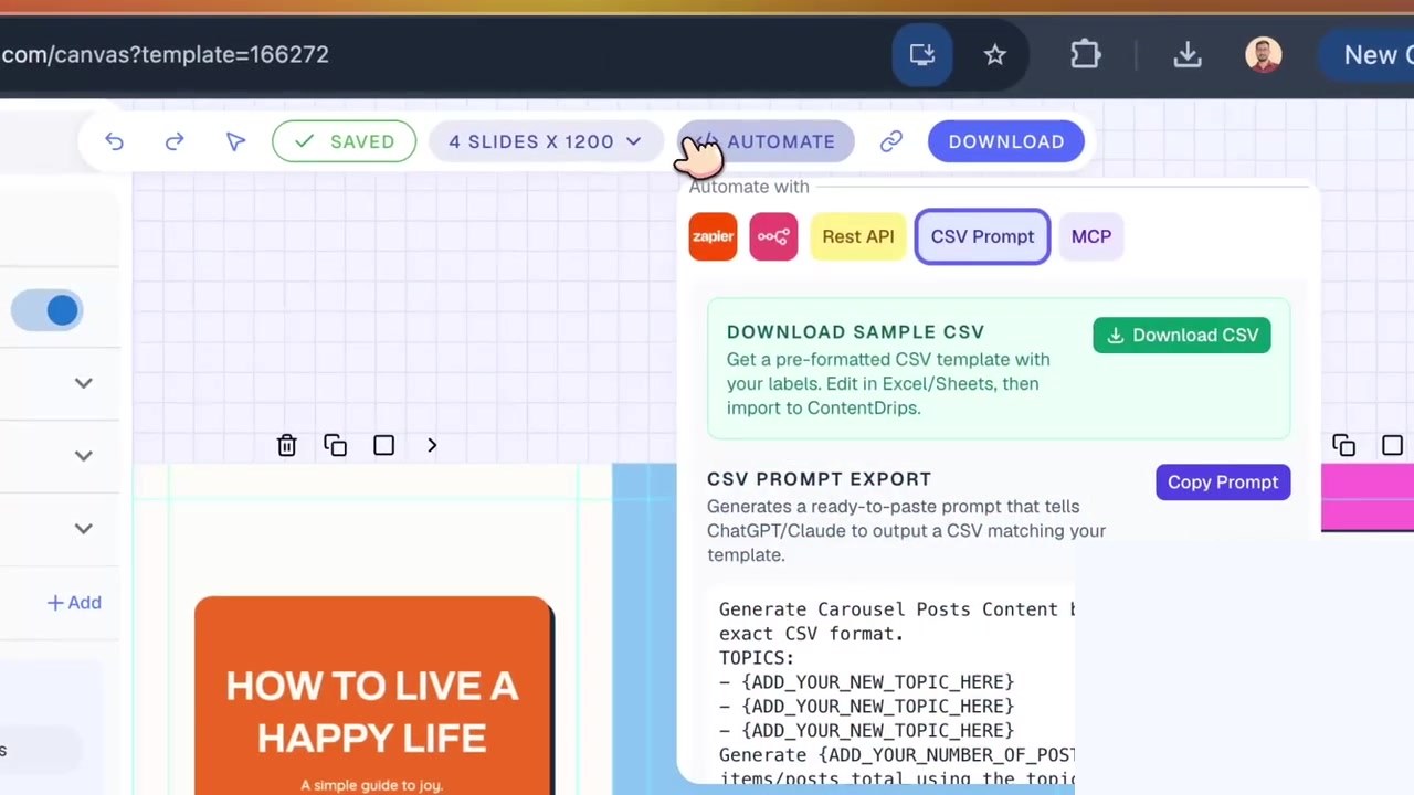 Contentdrips Automate menu open on CSV Prompt with Download CSV and Copy Prompt