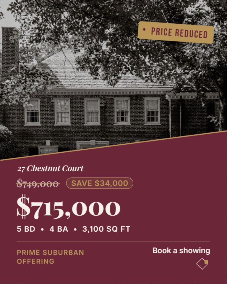 Price reduced real estate graphic with colonial home photo, old and new price, and savings callout in burgundy and gold