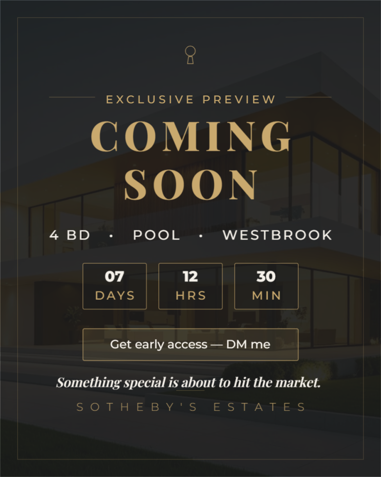 Coming soon real estate social media post with blurred luxury home, reveal countdown, and gold typography