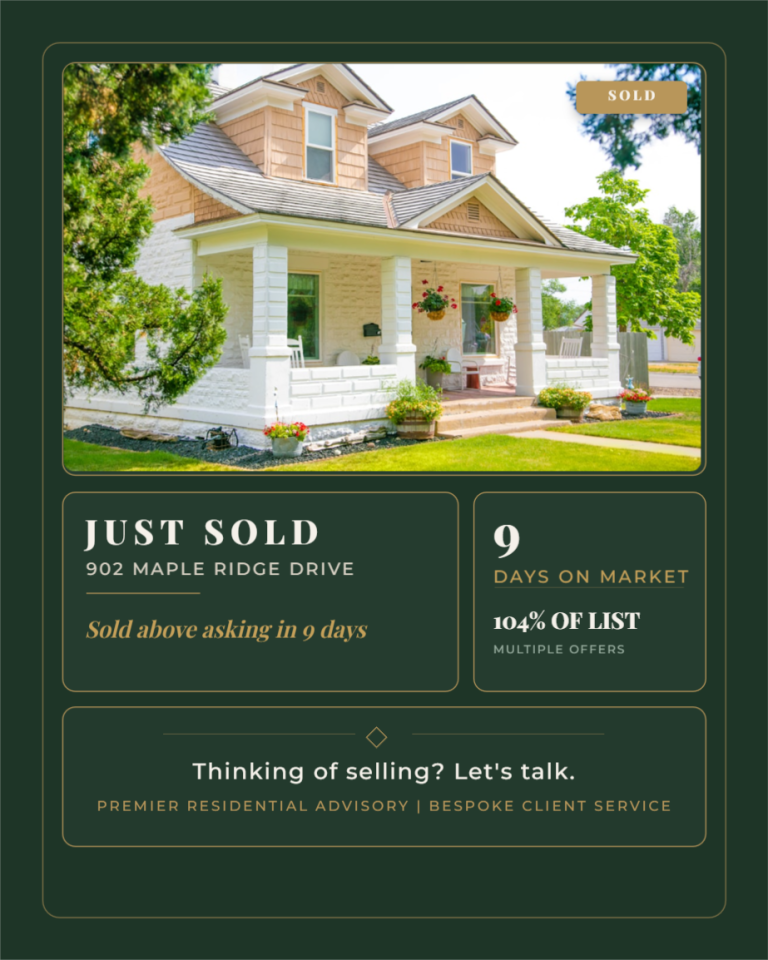 Just sold real estate social media post with craftsman home, SOLD sign, and sold above asking callout in green and gold