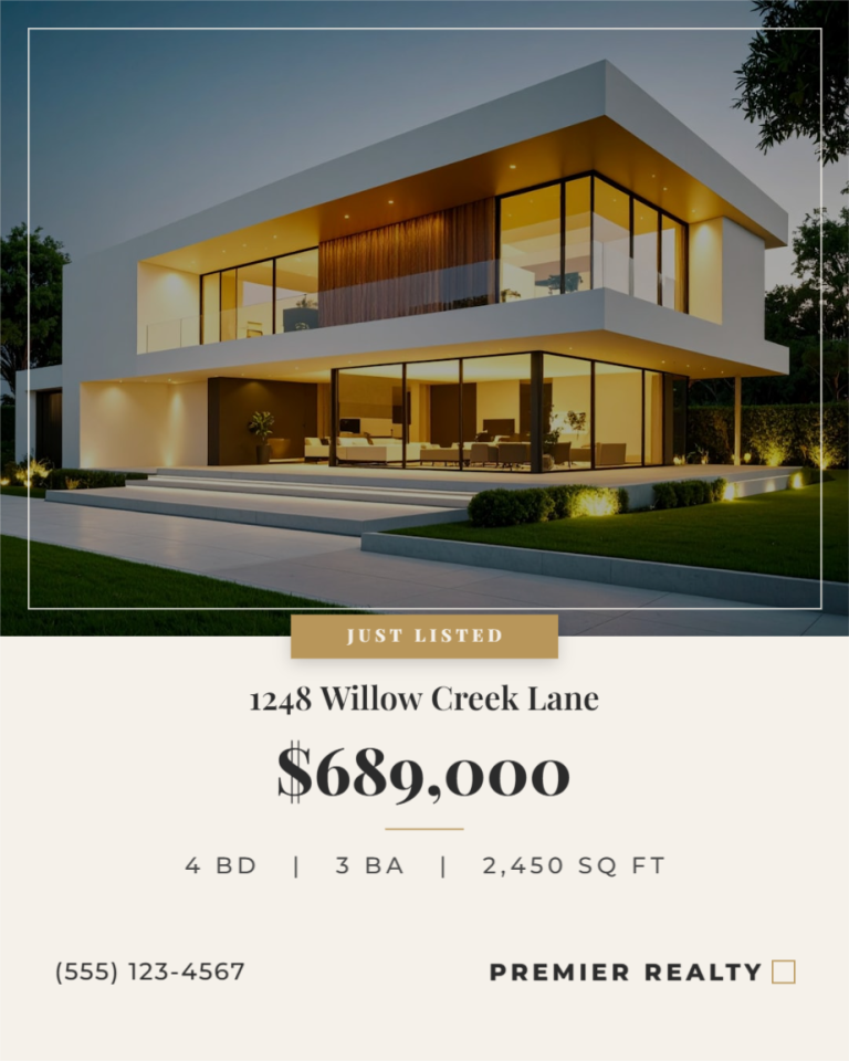 Just listed template for real estate Instagram with home photo, price, and bed and bath details in ivory and gold