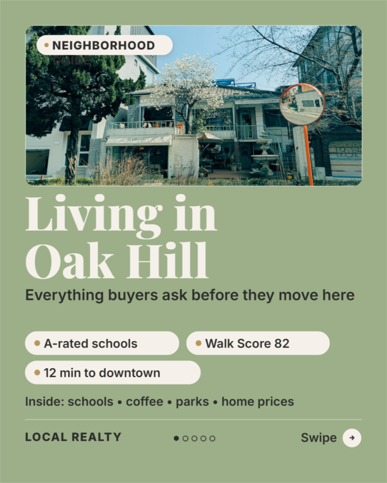 Neighborhood guide real estate carousel cover with main street photo, school, walkability, and commute highlights