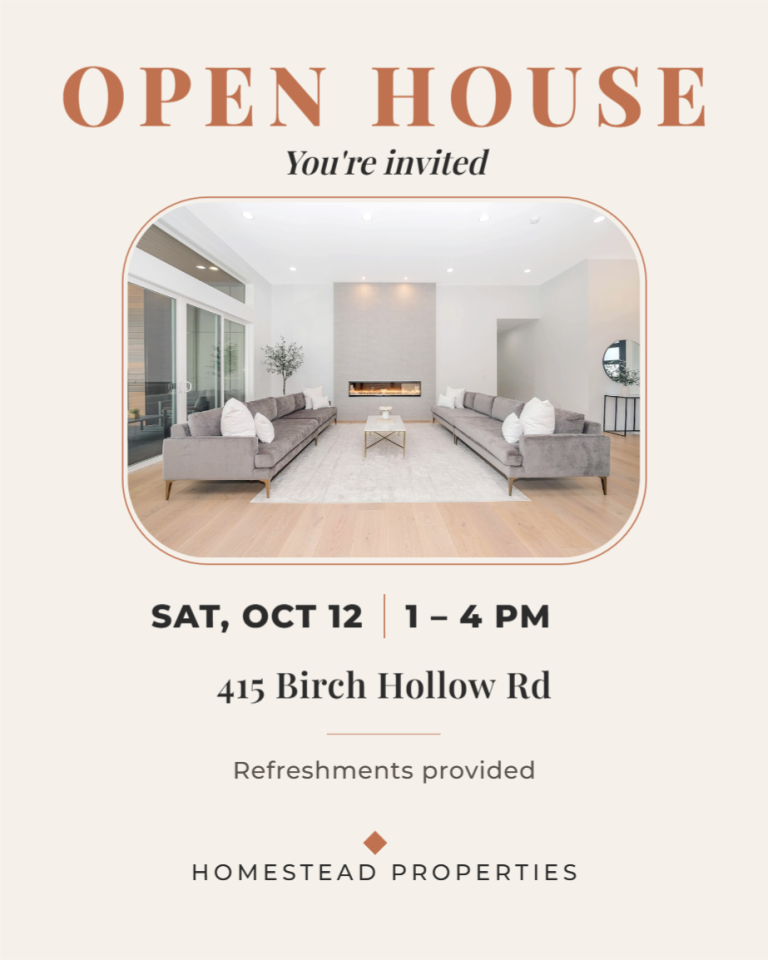Open house real estate social media template with living room photo, date, time, and address in ivory and terracotta