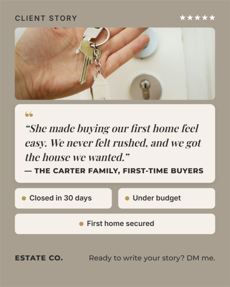 Real estate client testimonial graphic with house keys photo, five-star review, and first-time buyer results